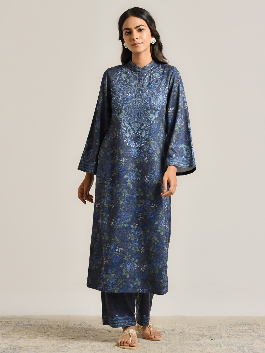 

Rustorange Floral Printed Pure Wool A Line Kurta with Salwar, Blue