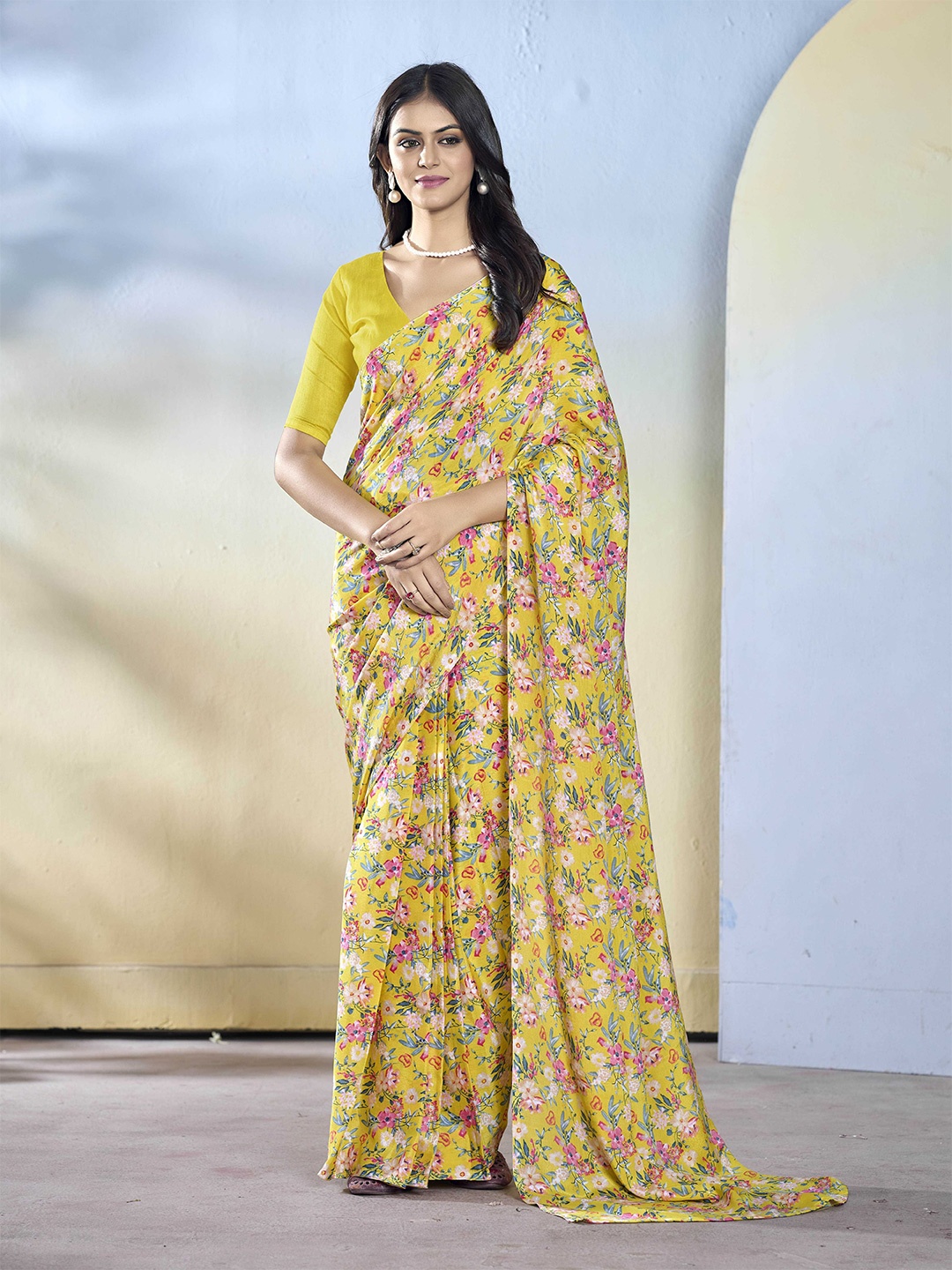 

Mitera Floral Pure Georgette Ready to Wear Saree, Yellow