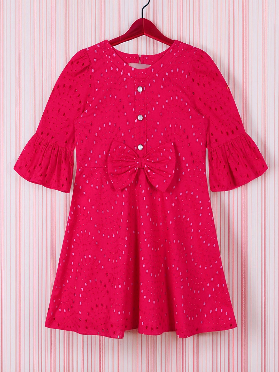 

CACA CINA Girls Round Neck Bell Sleeve Cotton Fit & Flare Dress, Fuchsia