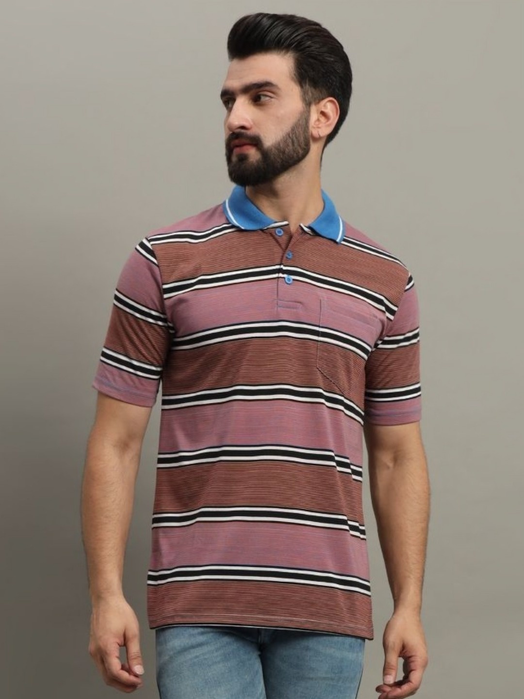 

GET GOLF Men Striped Polo Collar Cotton T-shirt, Mauve