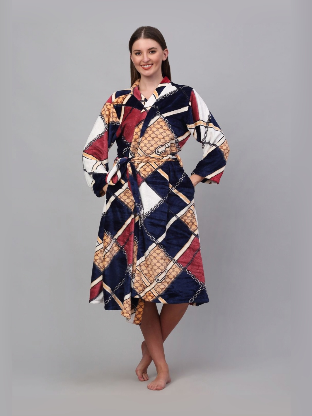 

KLOTTHE Printed Woolen Long Sleeve Bath Robe With Belt, Navy blue