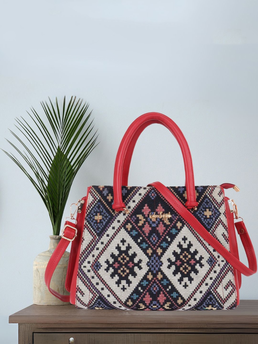 

LIKE STYLE Ethnic Motifs Textured Structured Shoulder Bag, Maroon