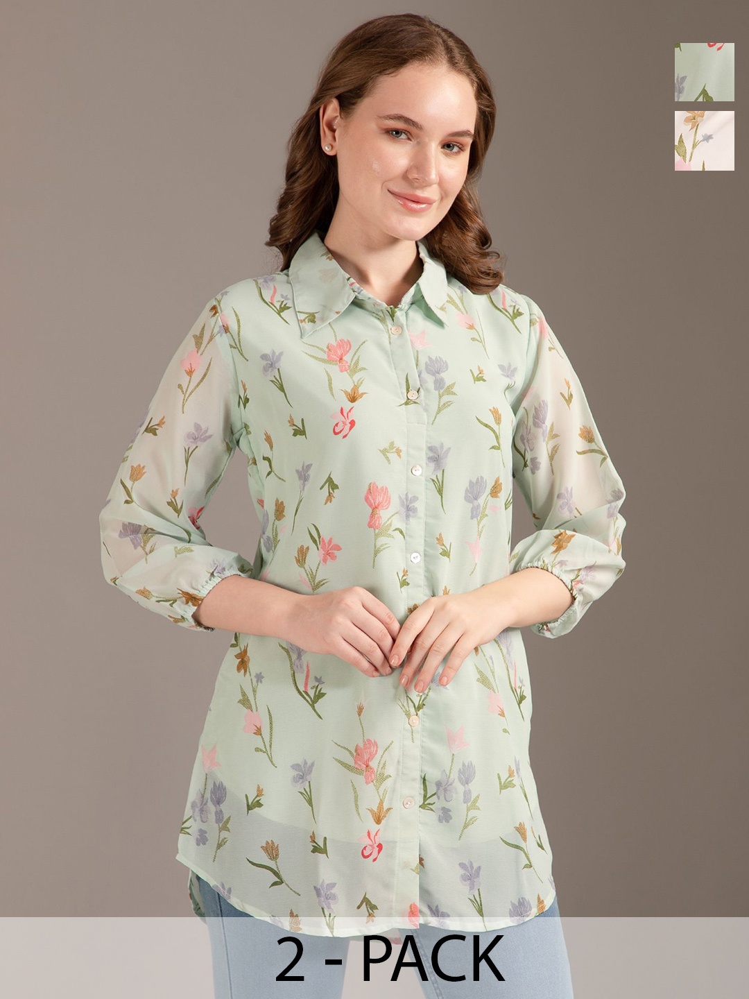 

Louis Bayrad Women Pack Of 2 Floral Printed Spread Collar Shirt, White