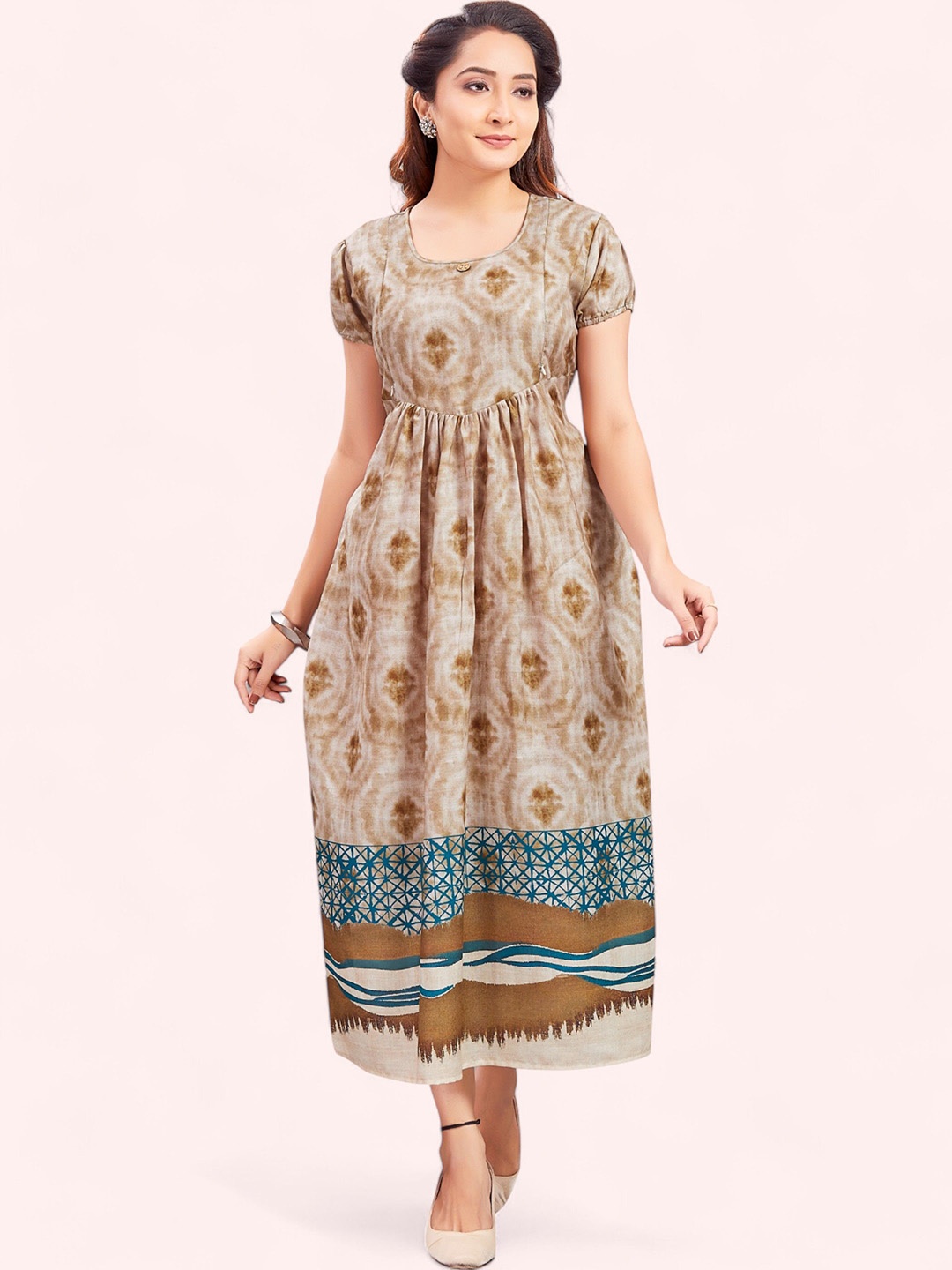 

RITIJYA Women Floral Printed Floral Maternity Anarkali Kurta, Beige