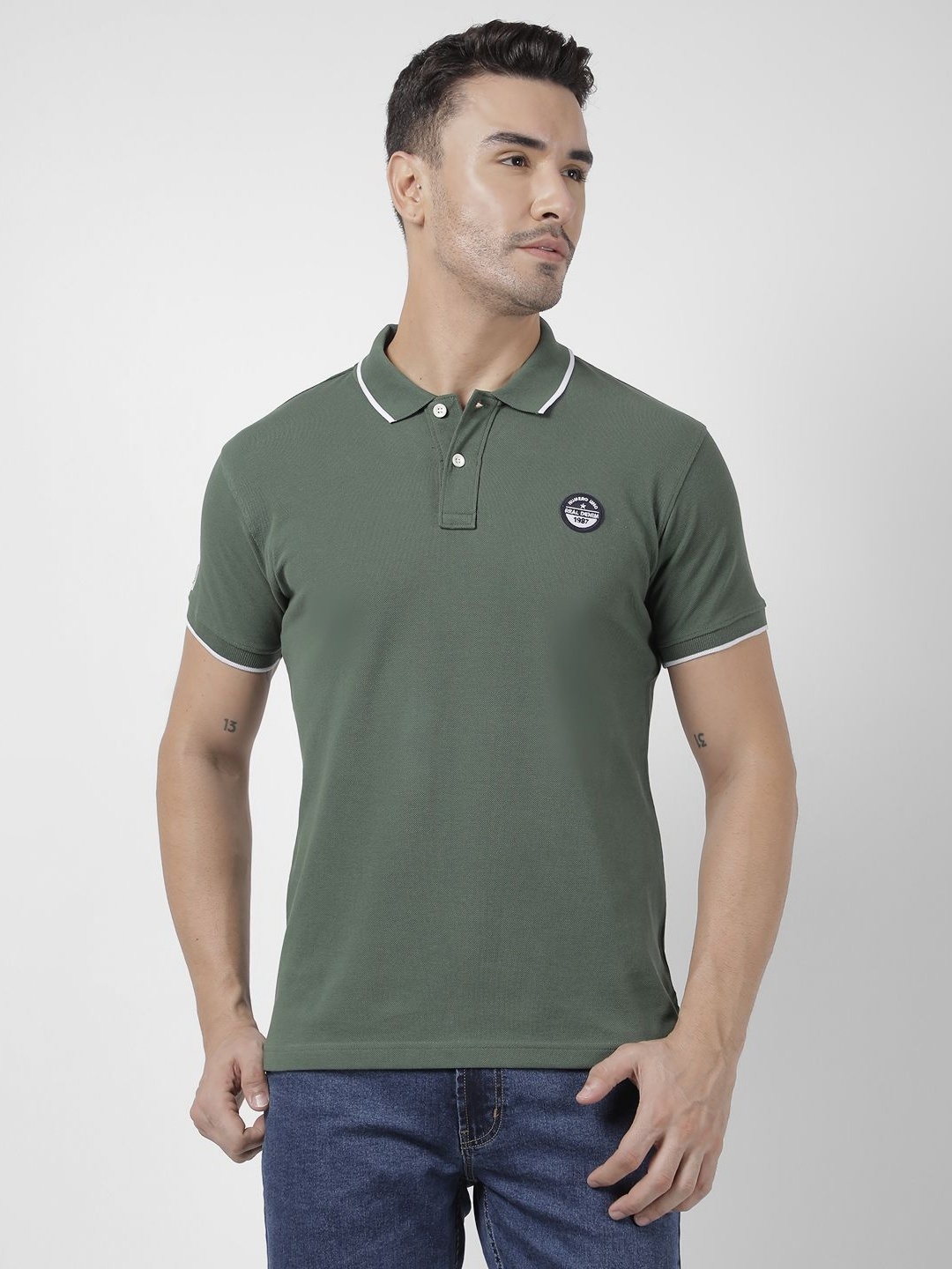 

Numero Uno Men Polo Collar Applique T-shirt, Olive