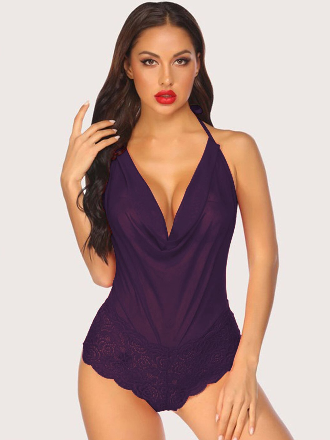 

VAGHBHATT Women Halter Neck Tie-Ups Baby Doll, Violet