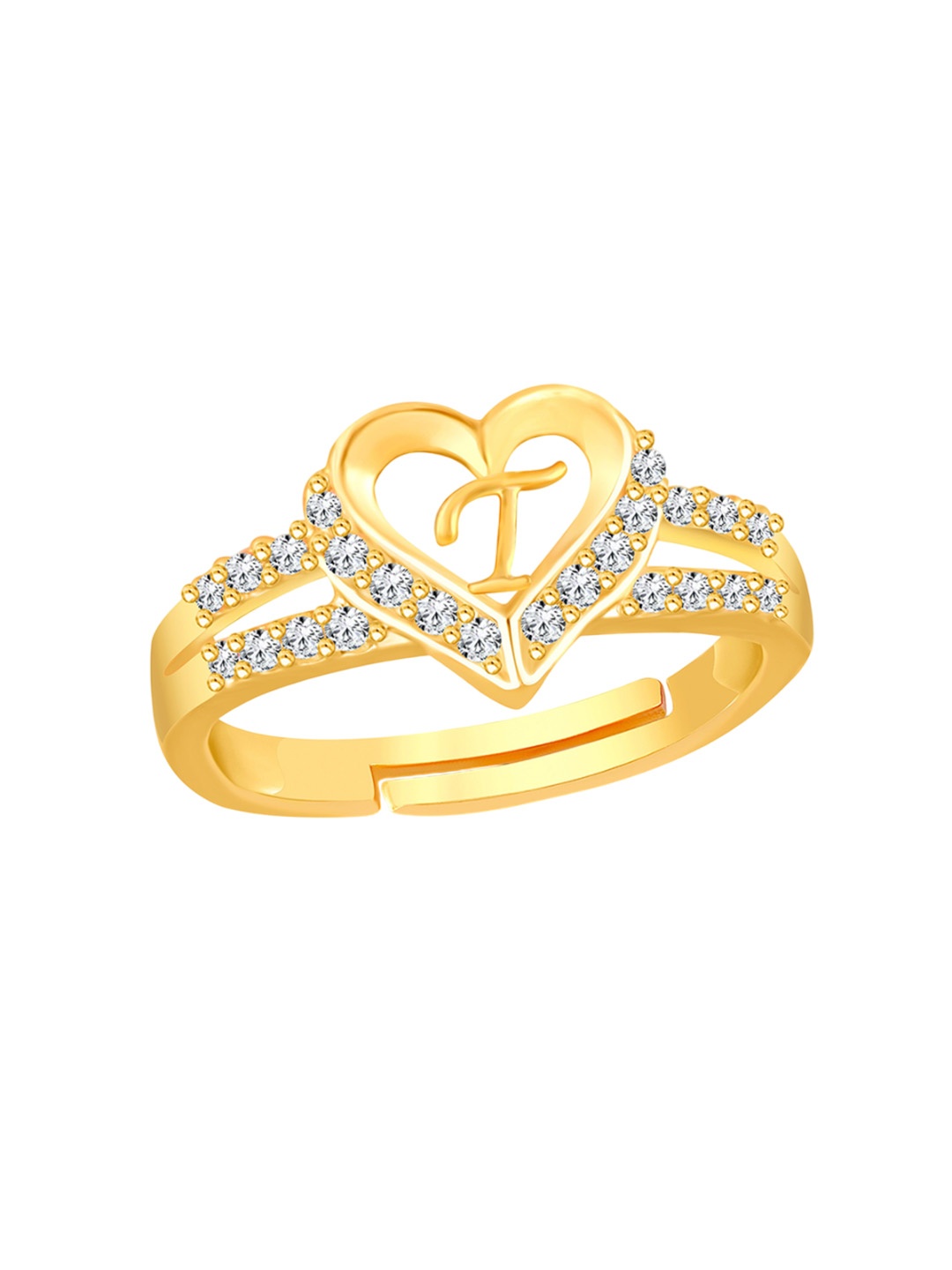 

Lila Unisex Gold-Plated Cubic Zirconia Stone Studded Alphabet T Adjustable Finger Ring