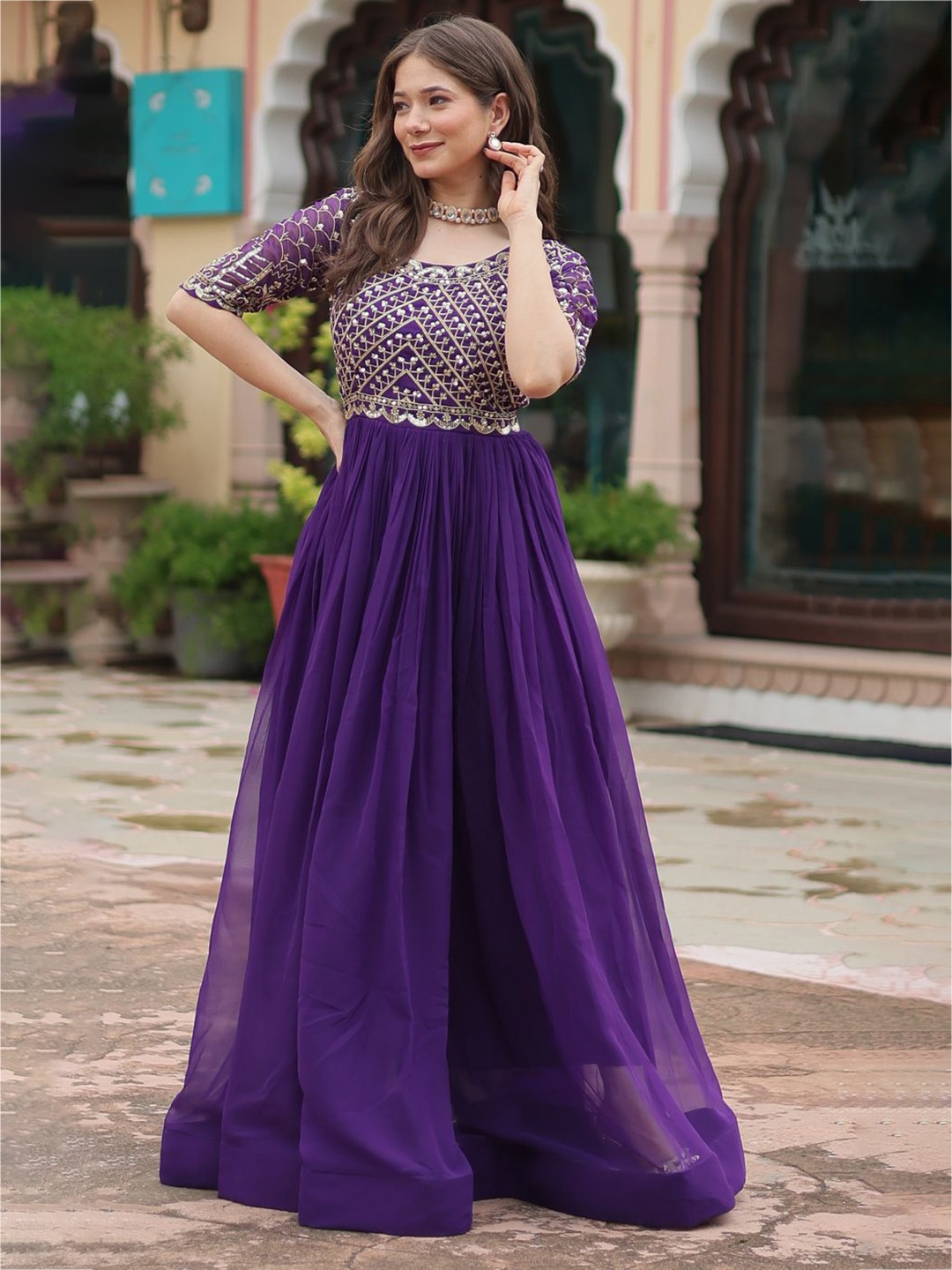 

KALINI Women Embellished Embroidered Fit and Flare Maxi Dress, Purple