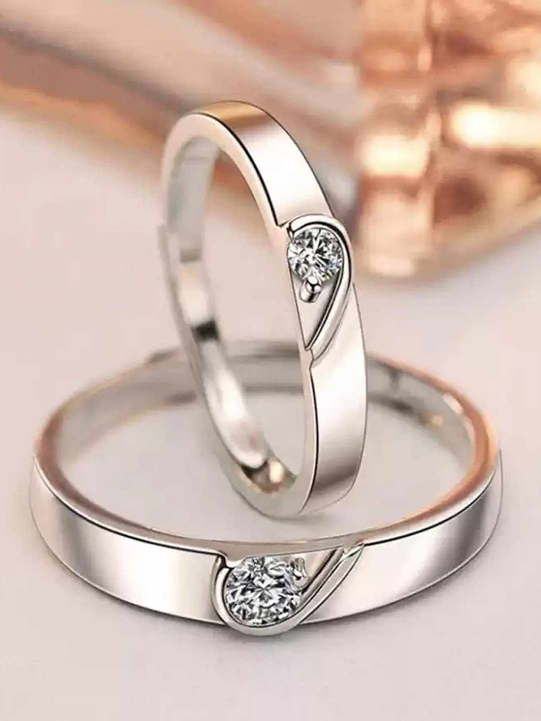 

Lila Unisex Set Of 2 Cubic Zirconia Stone Studded Stainless Steel Couple Finger Rings, Silver