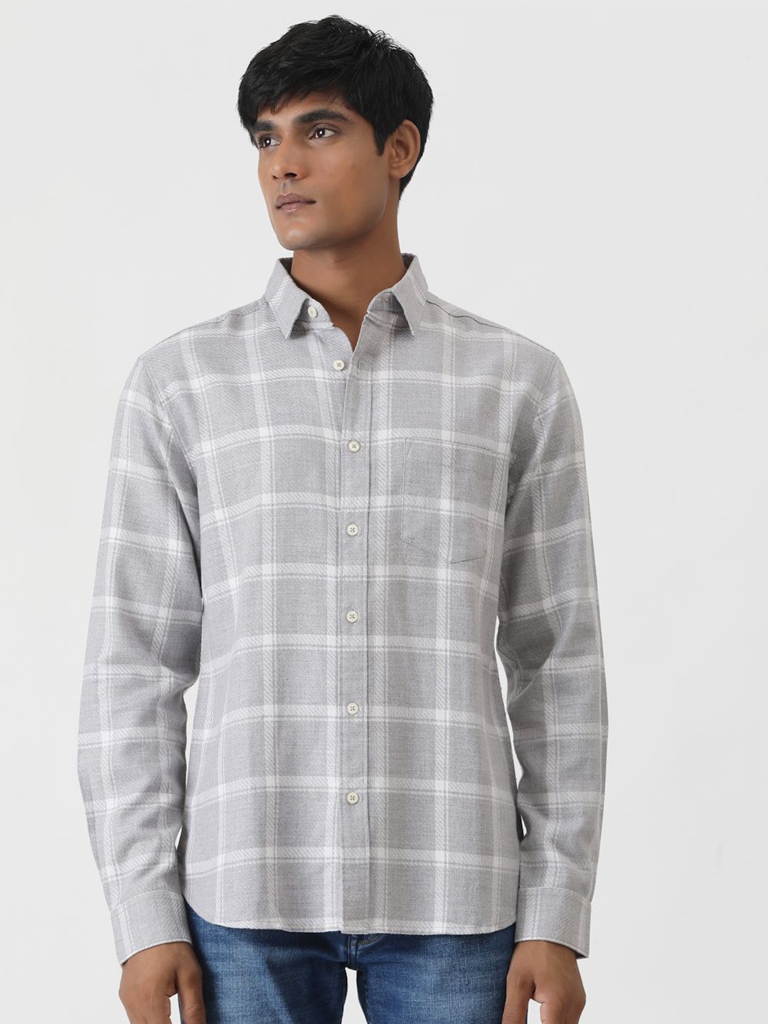 

Greenfibre Men Slim Fit Opaque Checked Casual Shirt, Grey
