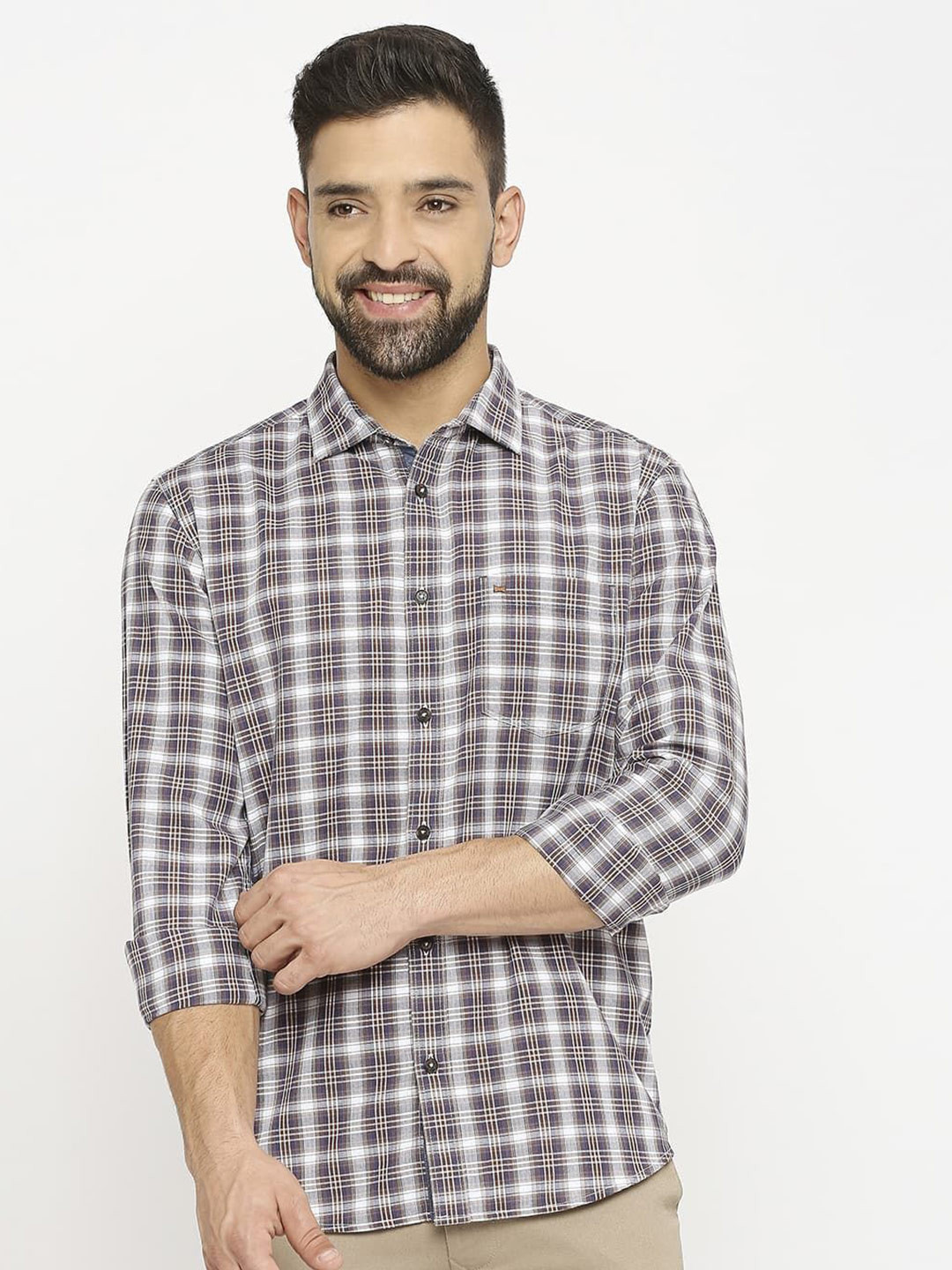 

Basics Men Slim Fit Shepherd Checks Opaque Checked Casual Shirt, Brown