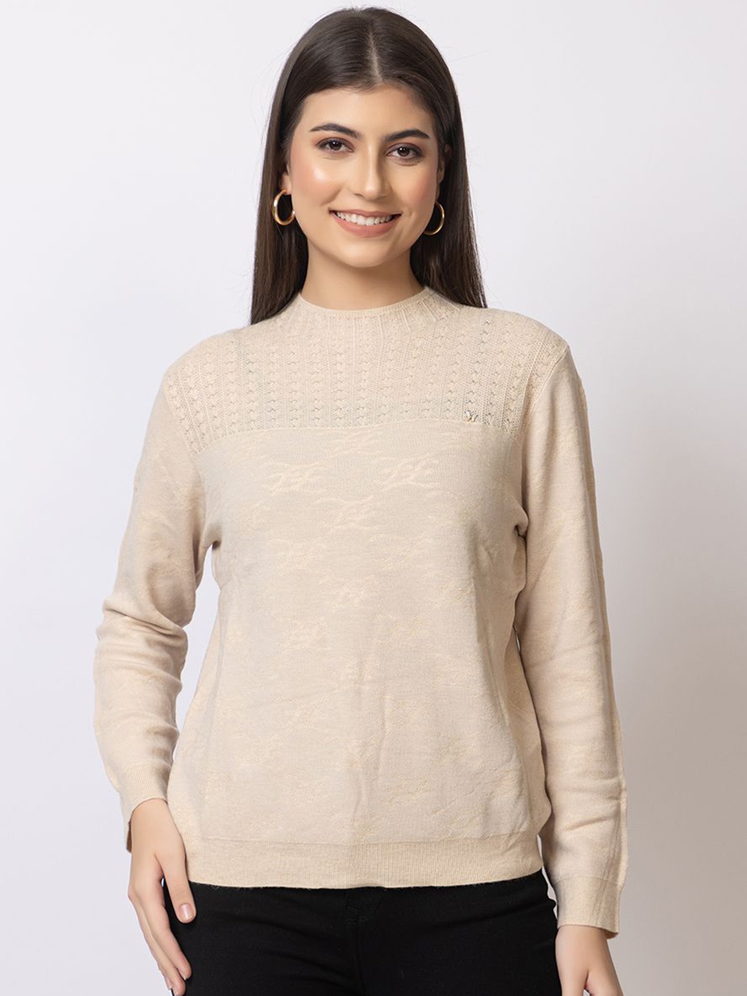 

GFO Women Round Neck Pullover Sweaters, Cream