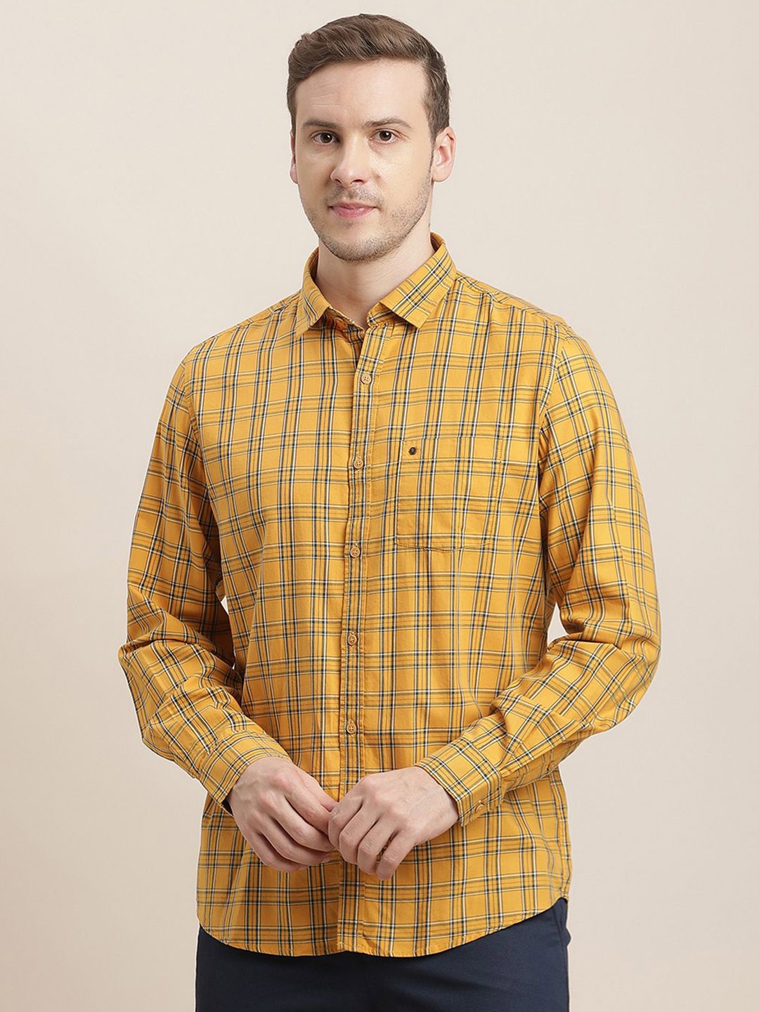 

Turtle Men Relaxed Slim Fit Opaque Checked Casual Shirt, Yellow
