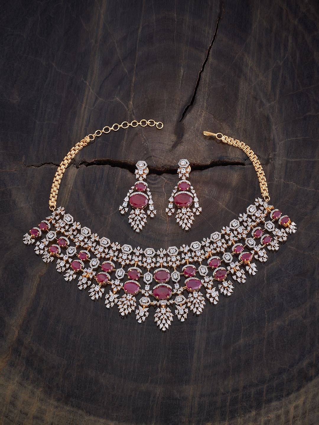 

Kushal's Fashion Jewellery Rhodium Gold-Plated CZ Studded Necklace and Earrings