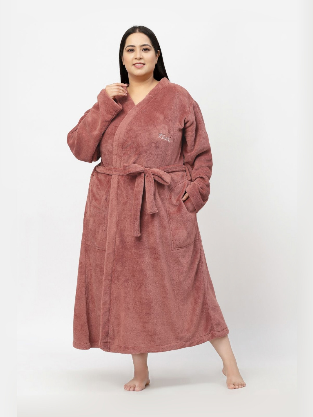 

KLOTTHE Plus Size Rust Woollen Long Sleeves Bath Robe With Belt
