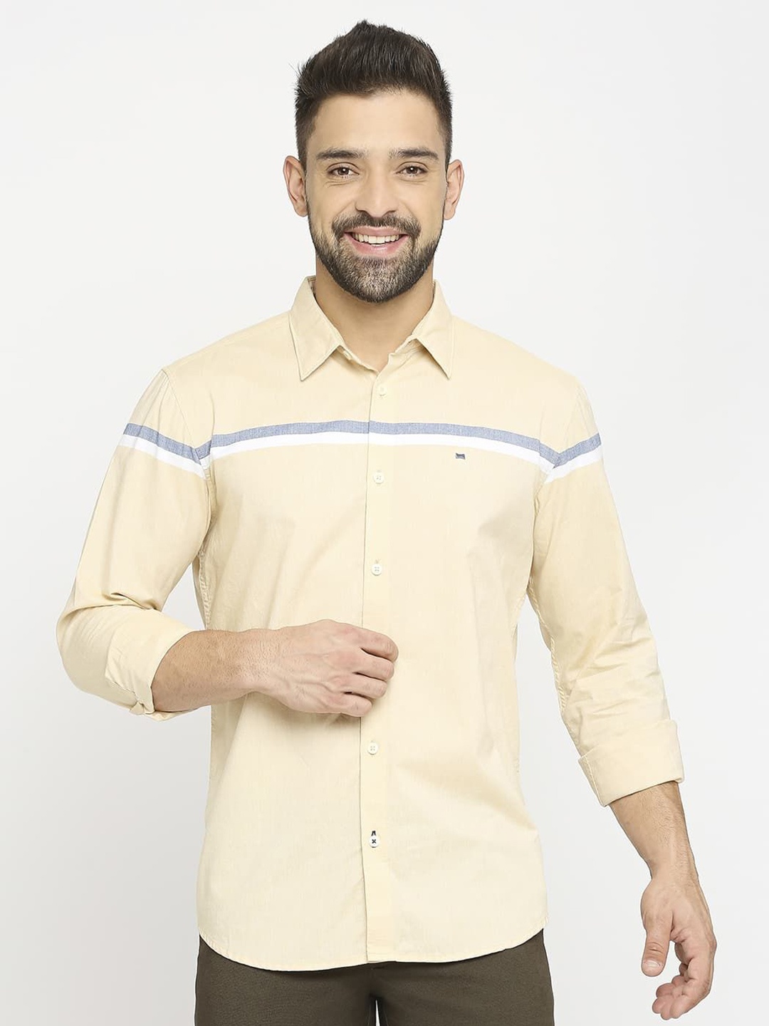 

Basics Men Slim Fit Opaque Striped Casual Shirt, Yellow