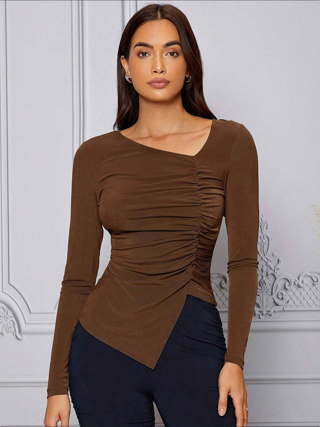 

StyleCast Women V-Neck Long Sleeves Ruched Fitted Top, Brown