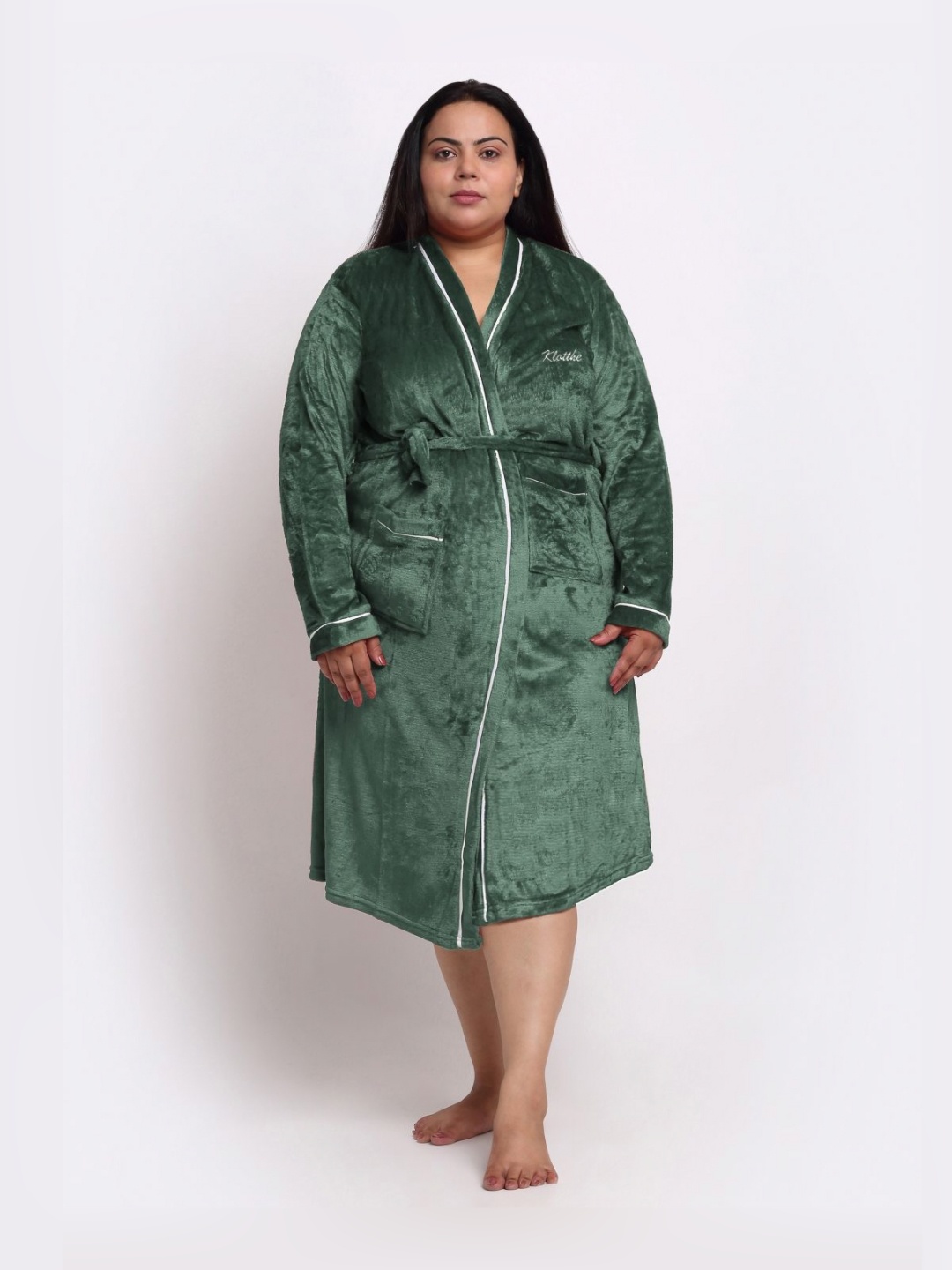 

KLOTTHE Woollen Plus Size Bath Robe With Belt, Green