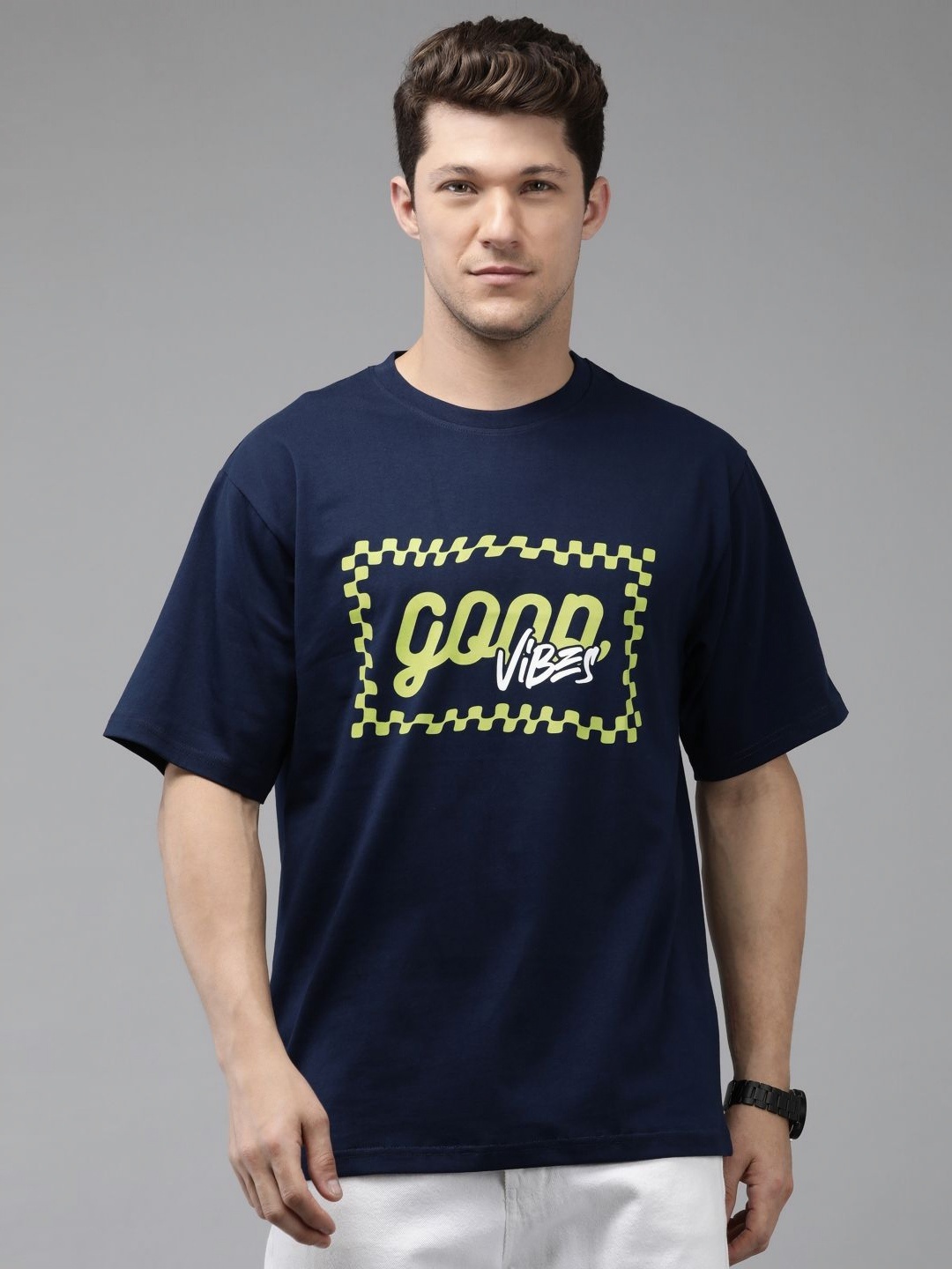 

Provogue Men Typography Printed Applique Boxy T-shirt, Navy blue