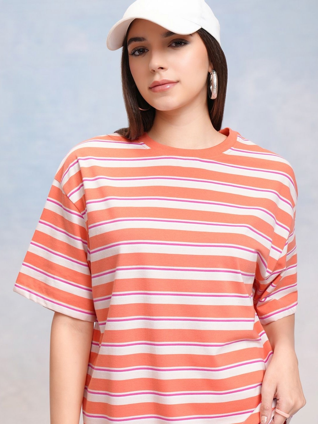 

Tokyo Talkies Women Striped Drop-Shoulder Sleeves T-shirt, Coral