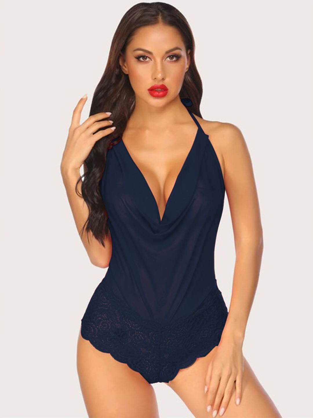 

KRENOZ Women Halter Neck Tie-Ups Baby Doll, Navy blue