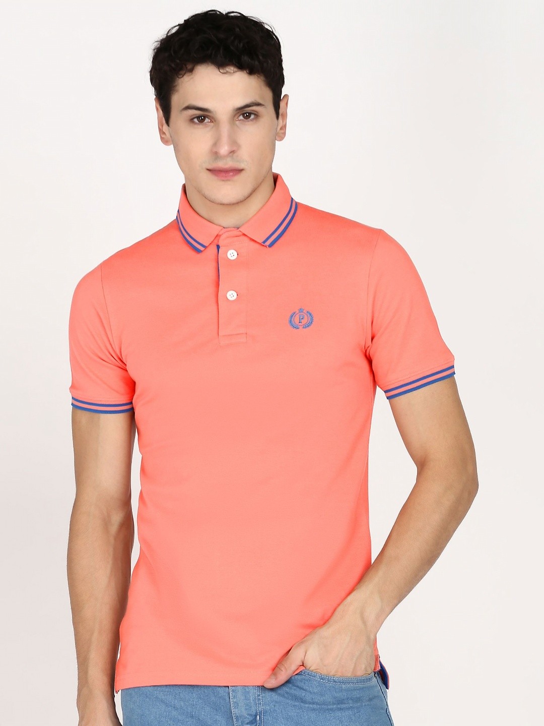 

Provogue Men Polo Collar Applique Slim Fit T-shirt, Peach