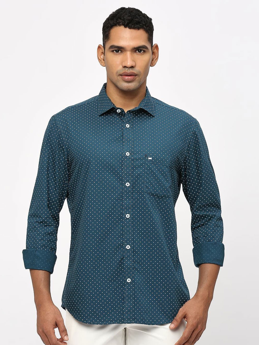 

Basics Men Slim Fit Opaque Printed Casual Shirt, Teal