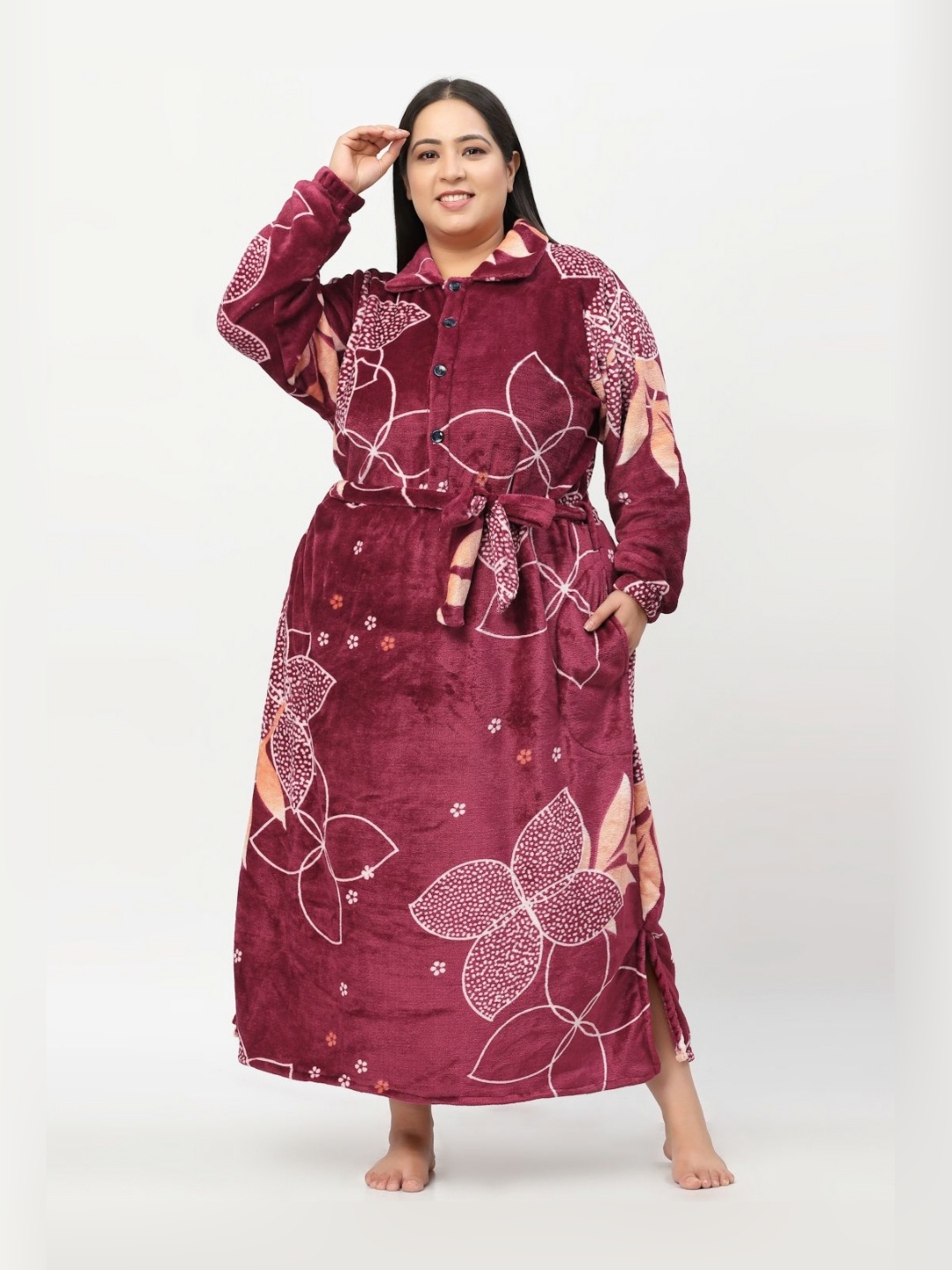 

KLOTTHE Plus Size Printed Shirt Collar Woolen Bath Robe With Belt, Maroon