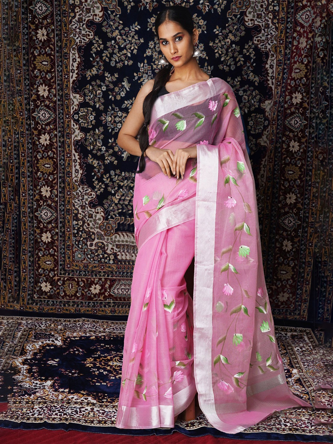 

Unnati Silks Floral Printed Zari Net Handloom Kota Saree, Pink