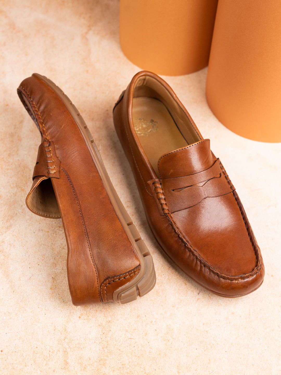 

ATESBER by Inc.5 Men Leather Square Toe Slip-On Loafers, Tan