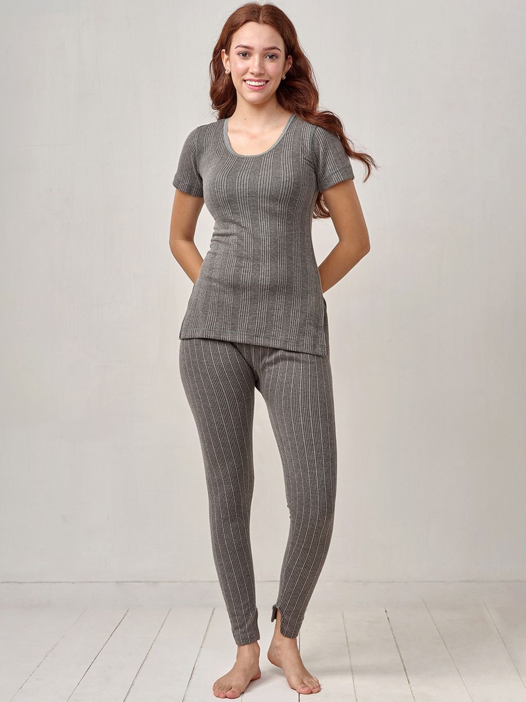 

INFERNO Women Striped Round Neck Cotton Thermal Set, Grey