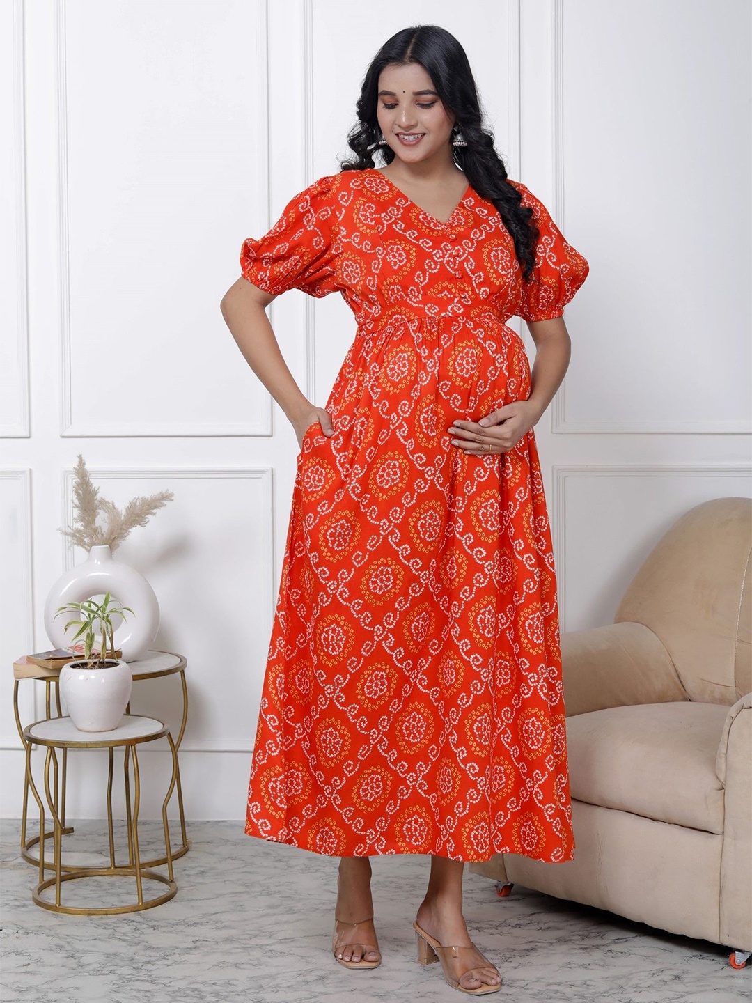 

KALINI Bandhani Printed Maternity Maxi Dress, Orange