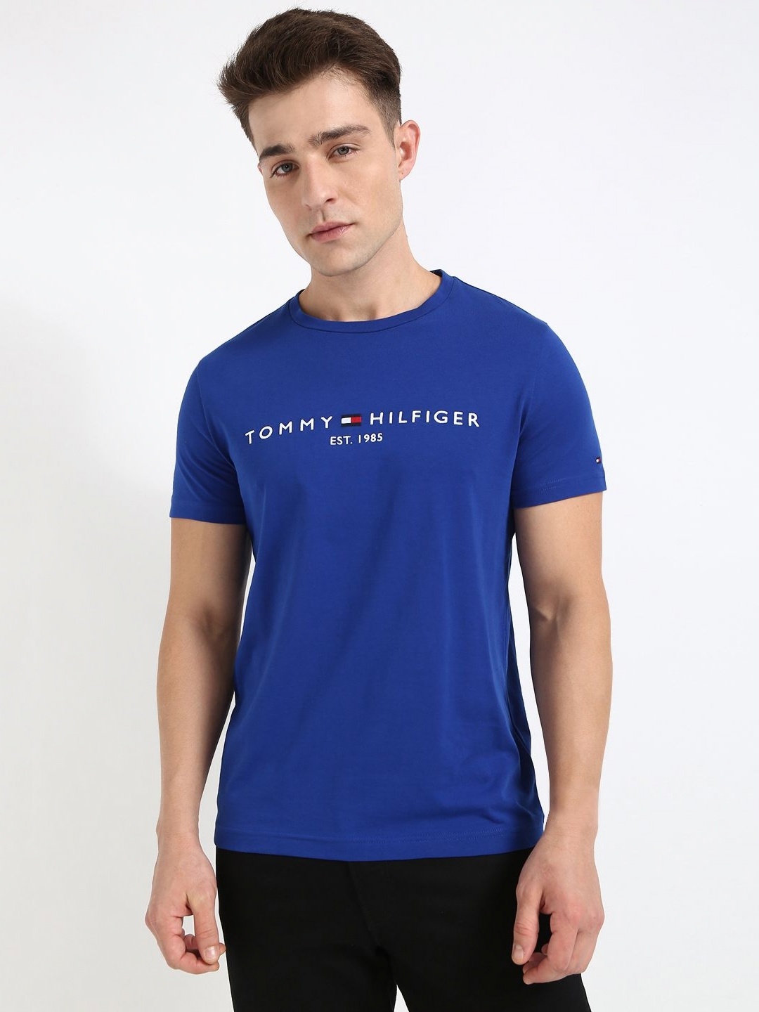 

Tommy Hilfiger Men Typography Printed Round Neck Cotton Slim Fit T-shirt, Blue