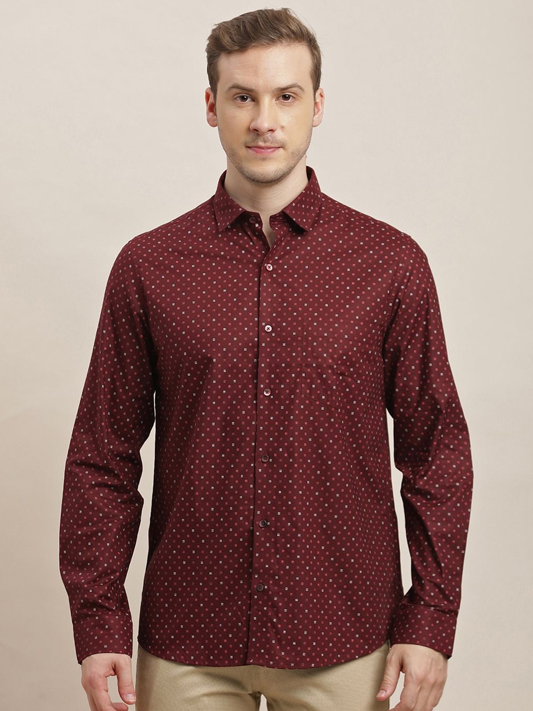 

Turtle Men Classic Slim Fit Opaque Printed Formal Shirt, Maroon