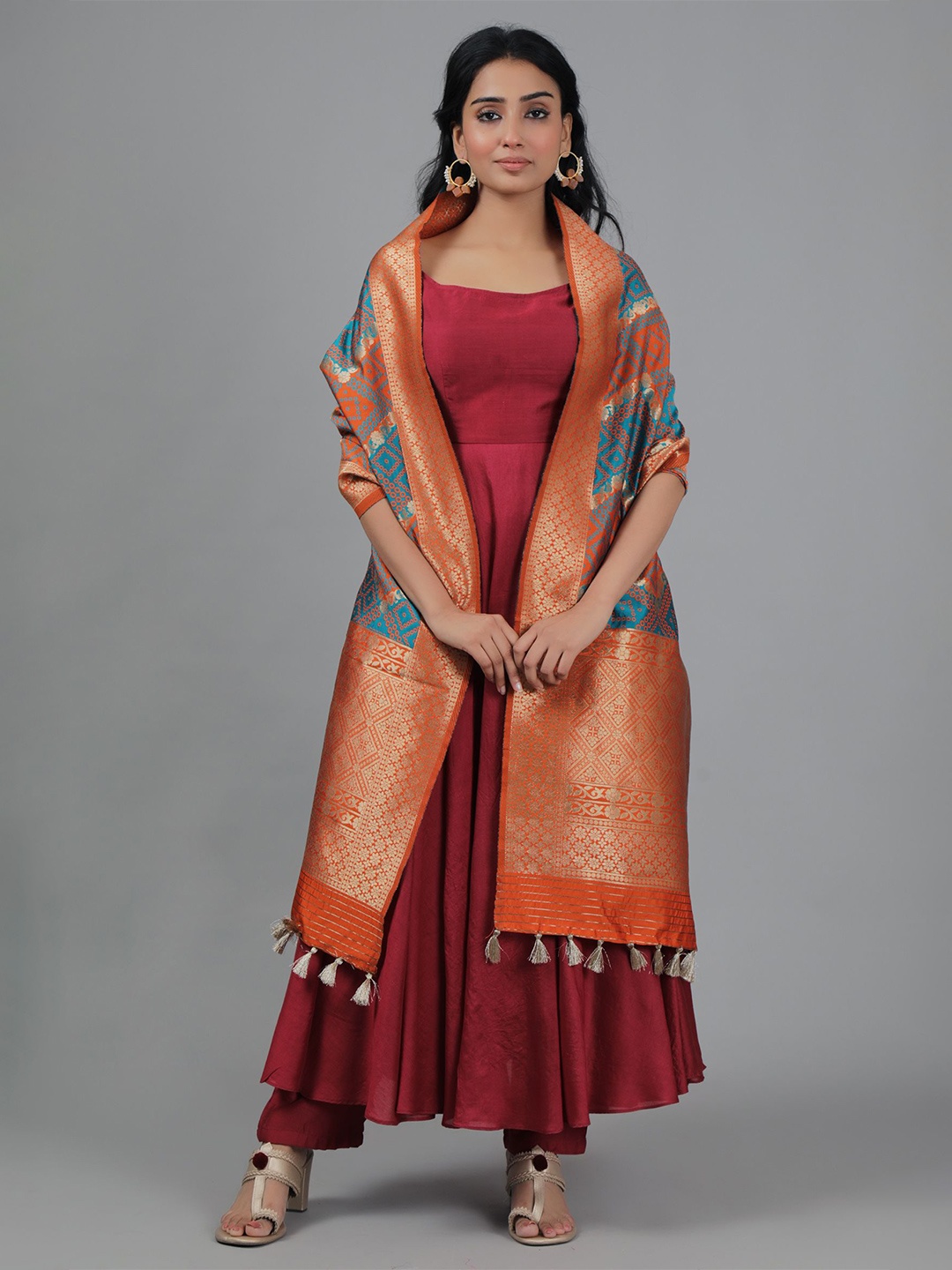 

TJORI Woven Design Dupatta with Zari, Orange
