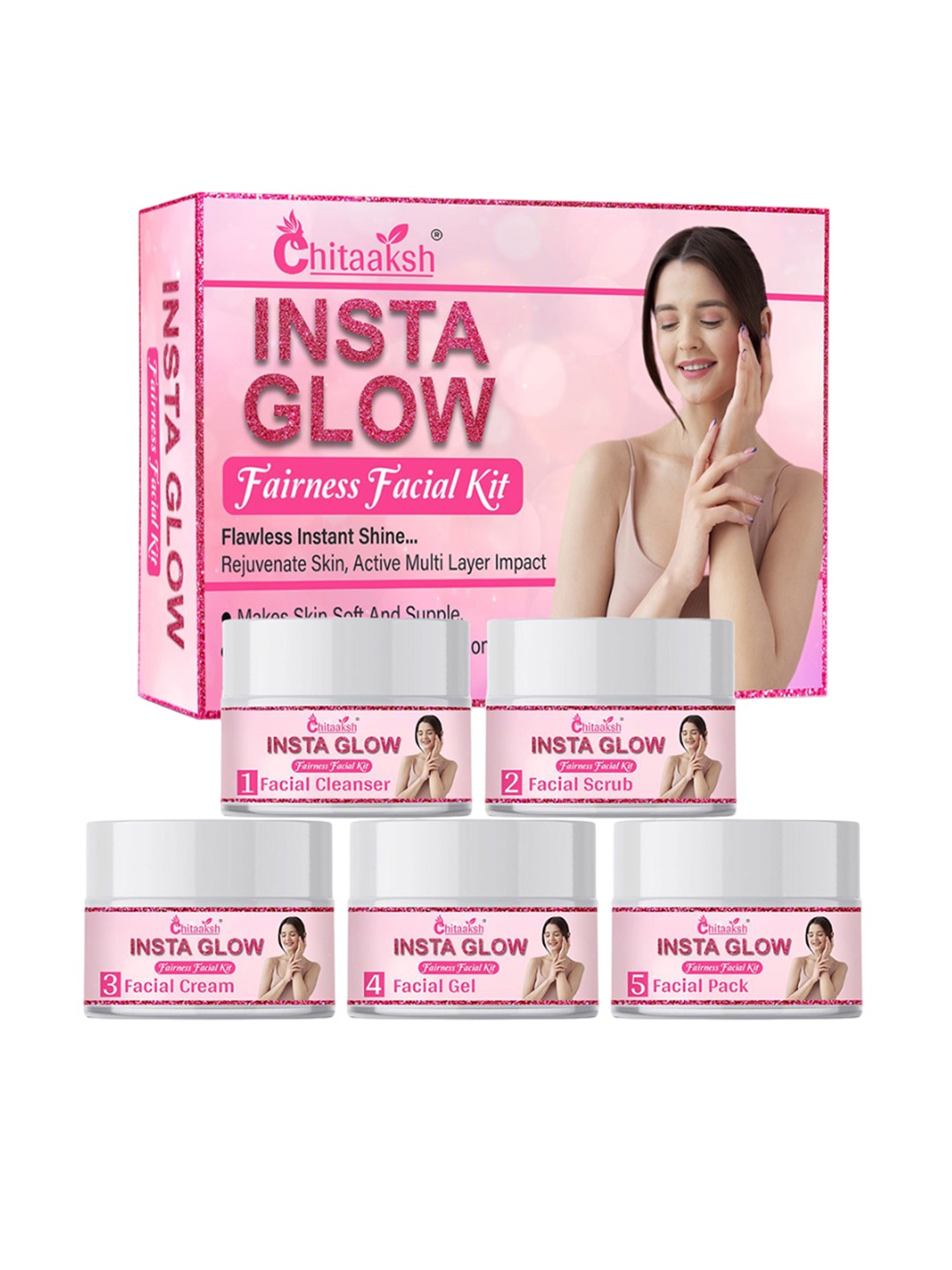 

Chitaaksh Set Of 5 Insta Glow Facial Cream - Scrub - Cleanser - Gel & Pack -50 g Each, Pink