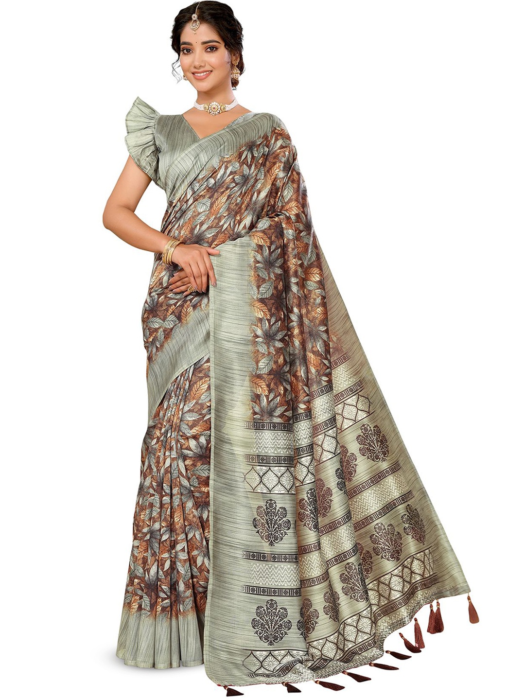 

KALINI Floral Printed Tassels Saree With Blouse Piece, Brown