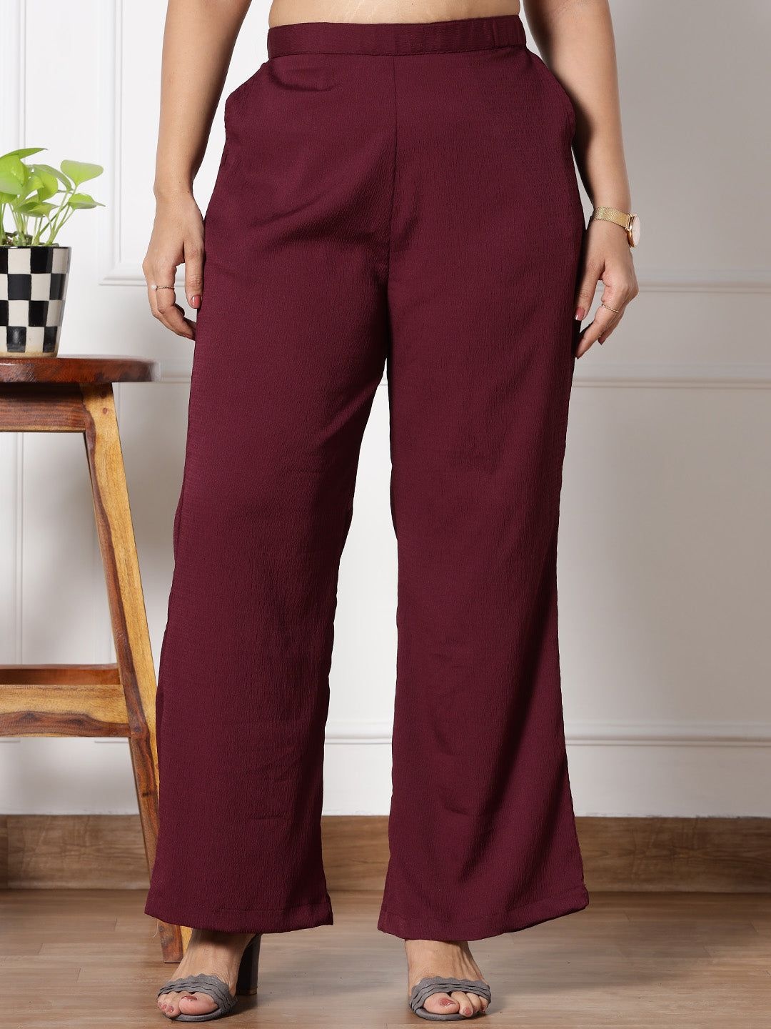 

LetsDressUp Women Crepe Wide Leg Palazzo, Burgundy