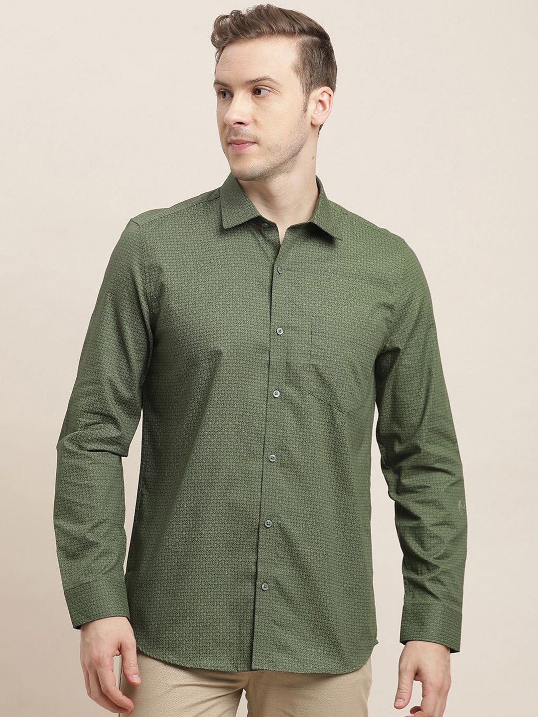 

Turtle Men Classic Slim Fit Opaque Printed Formal Shirt, Green