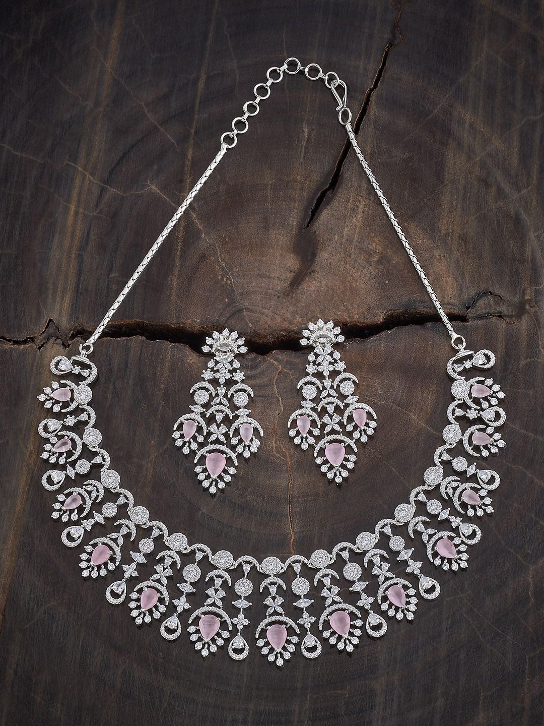 

Kushal's Fashion Jewellery Rhodium Plated CZ Studded Jewellery Set, Silver