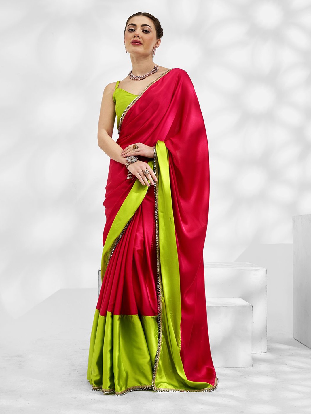 

modeva Colourblocked Mirror Work Pure Chiffon Ready to Wear Saree, Fluorescent green