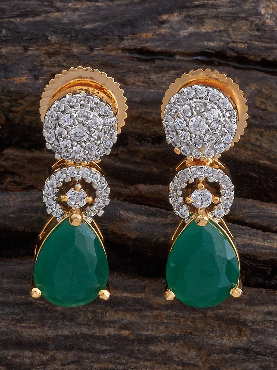 

Kushal's Fashion Jewellery Rhodium-Plated Zircon Studded Teardrop Shaped Drop Earrings, Green