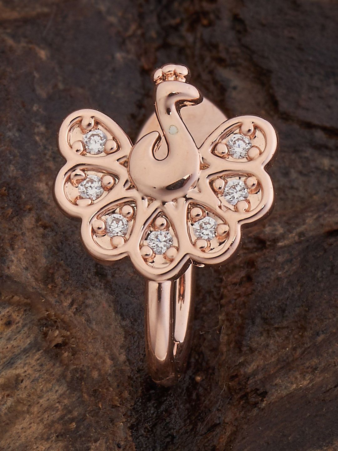 

Kushal's Fashion Jewellery Rose Gold-Plated CZ-Stone Studded Peacock Design Stud Nosepin