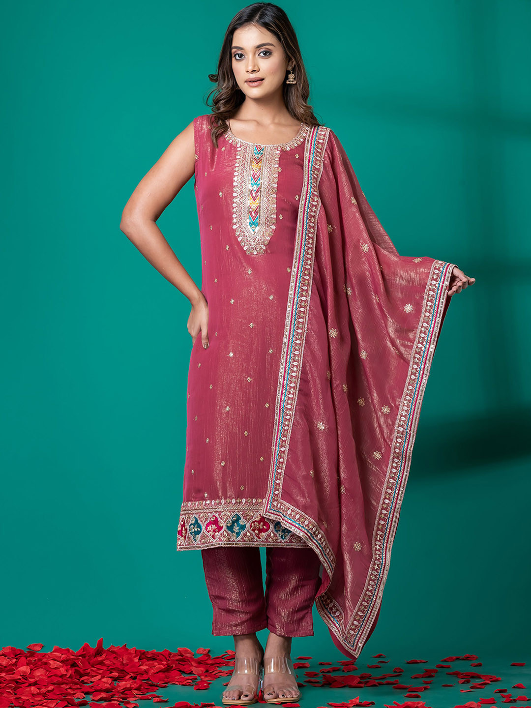 

SHREE BALAJI Women Ethnic Motifs Embroidered Regular Thread Work Kurta with Trousers & With Dupatta, Pink