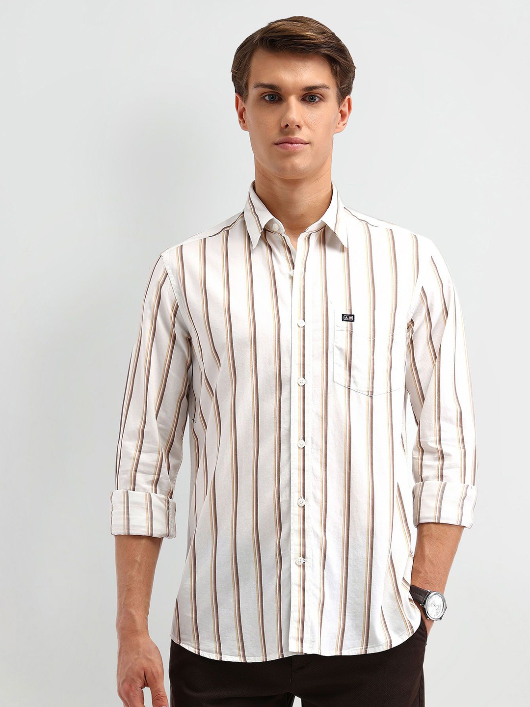 

Arrow Sport Men Slim Fit Opaque Striped Casual Shirt, Brown