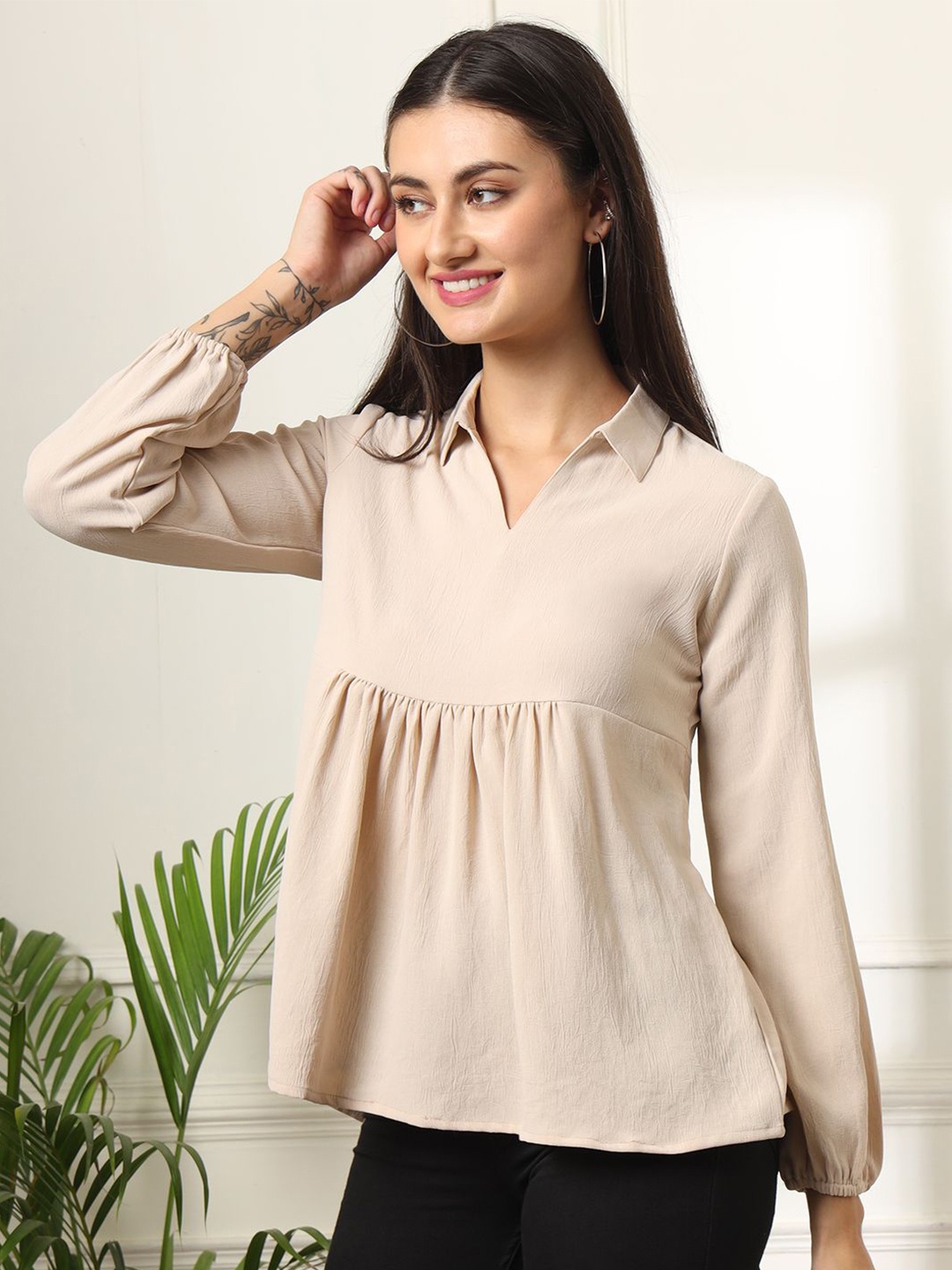 

FITHUB Women Shirt Collar Peplum Top, Cream
