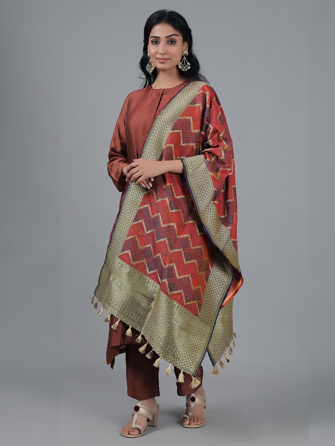 

TJORI Woven Design Dupatta with Zari, Rust