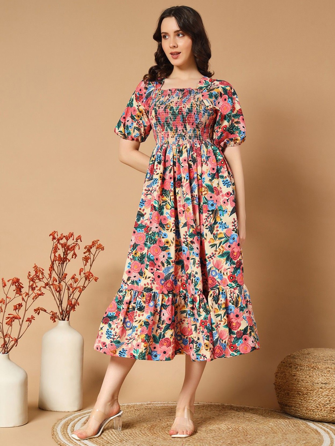 

Krunal Raiyani Floral Printed Smocked Detail Puff Sleeve Fit & Flare Midi Dress, Pink