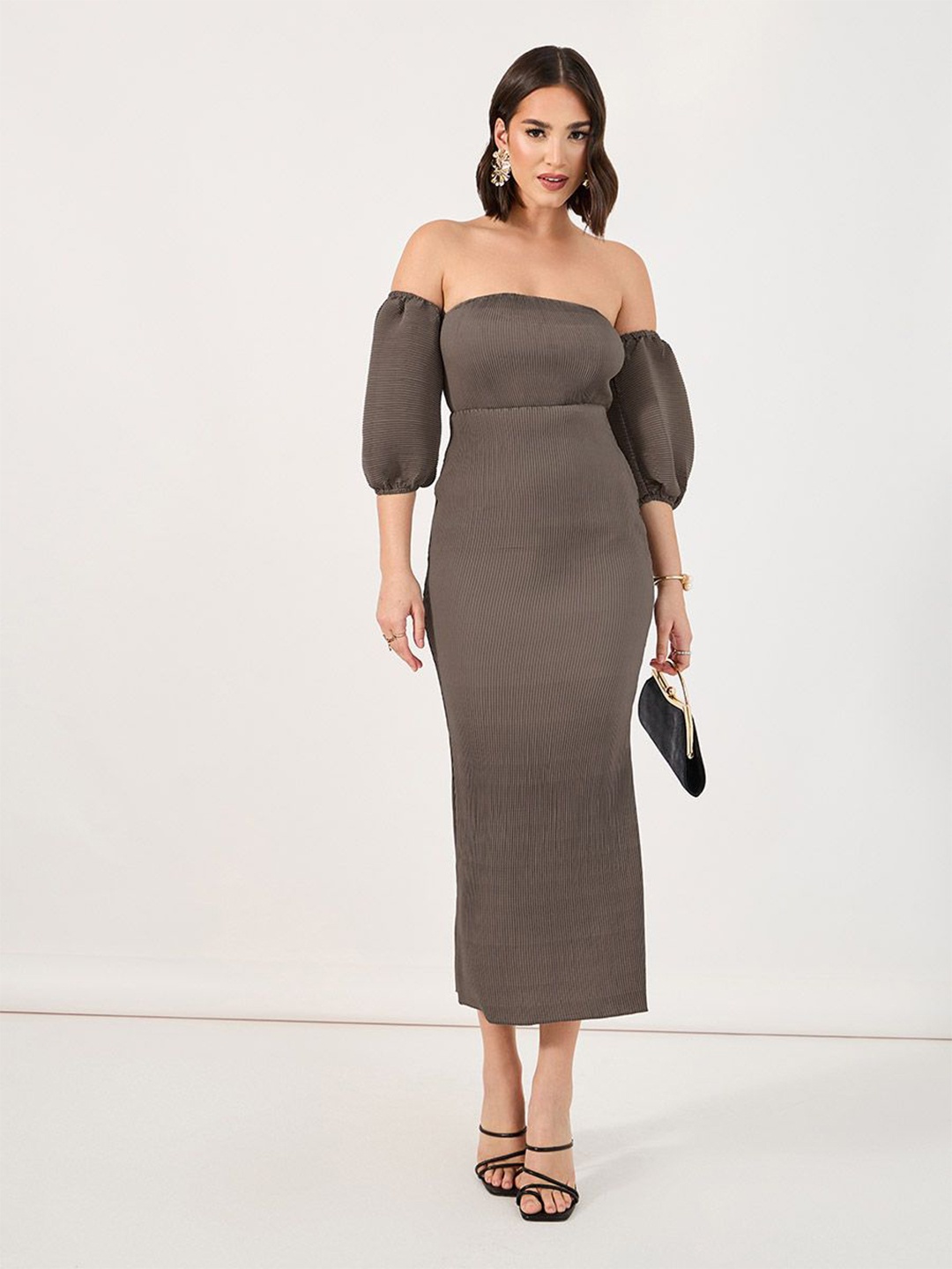

Styli Off-Shoulder Puff Sleeve Sheath Midi Dress, Brown