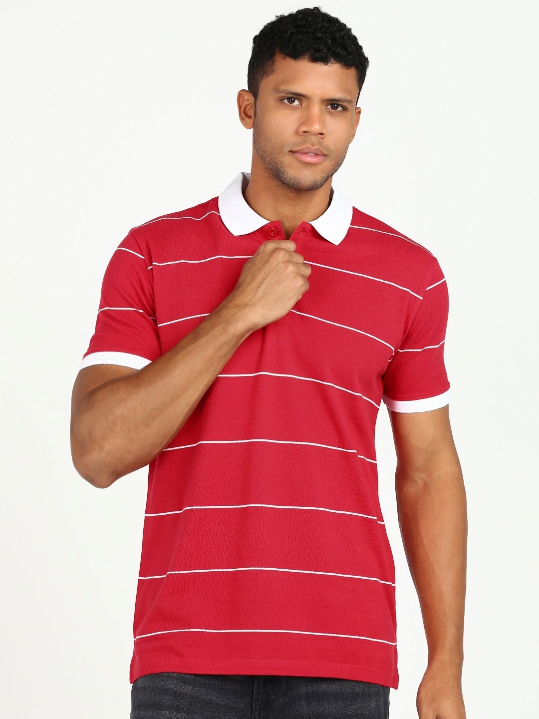 

Provogue Men Striped Polo Collar Pockets Slim Fit T-shirt, Red